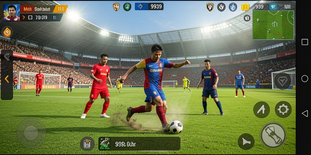 Gameplay menarik dengan aksi sepak bola yang intens.