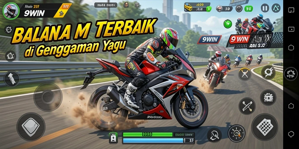 Screenshot dari gameplay seru 9WIN yang menunjukkan aksi balapan motor.