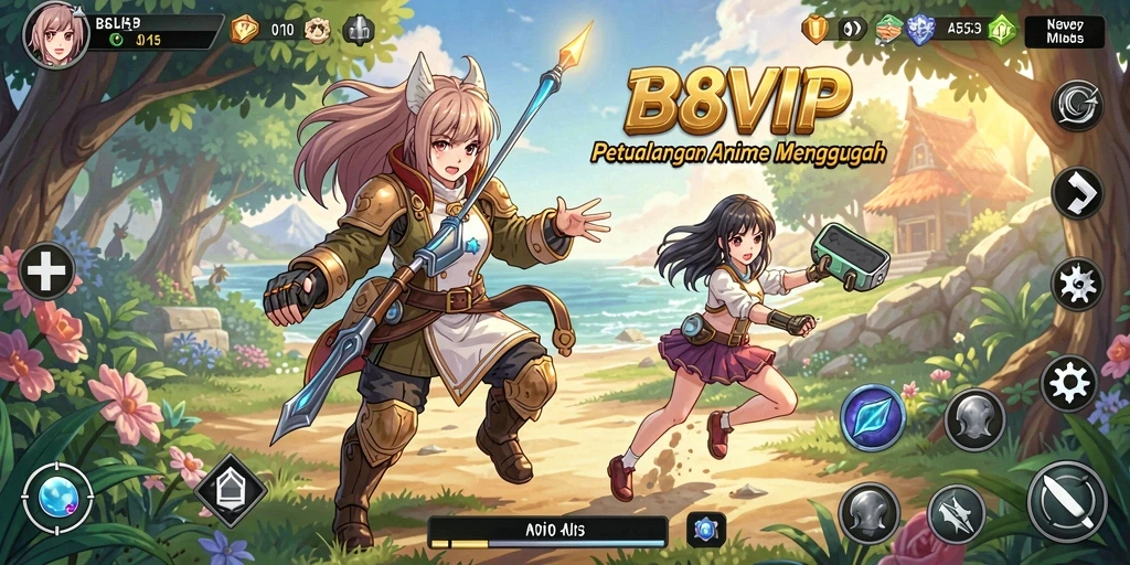 Screenshot utama B8VIP menampilkan karakter anime dalam pertempuran epik.