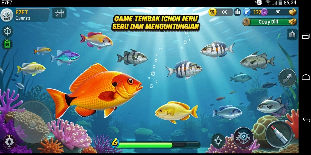 Screenshot gameplay F7F7 menampilkan aksi menembak ikan yang seru.