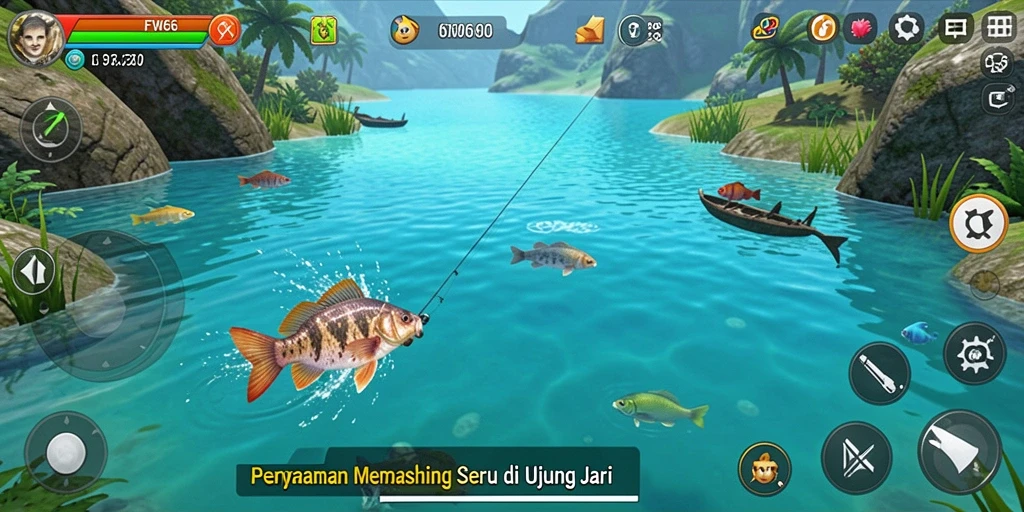 Screenshot gameplay FW66 menunjukkan aksi seru memancing dengan grafis yang memukau.