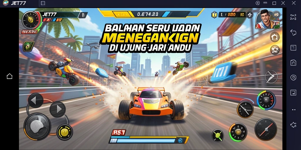 Gameplay JET77 menampilkan balapan seru di berbagai trek.