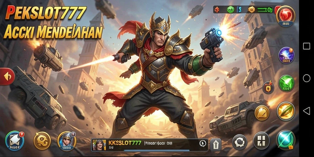 Tangkapan layar KKSLOT777 menunjukkan aksi seru dan karakter berjuang melawan musuh.