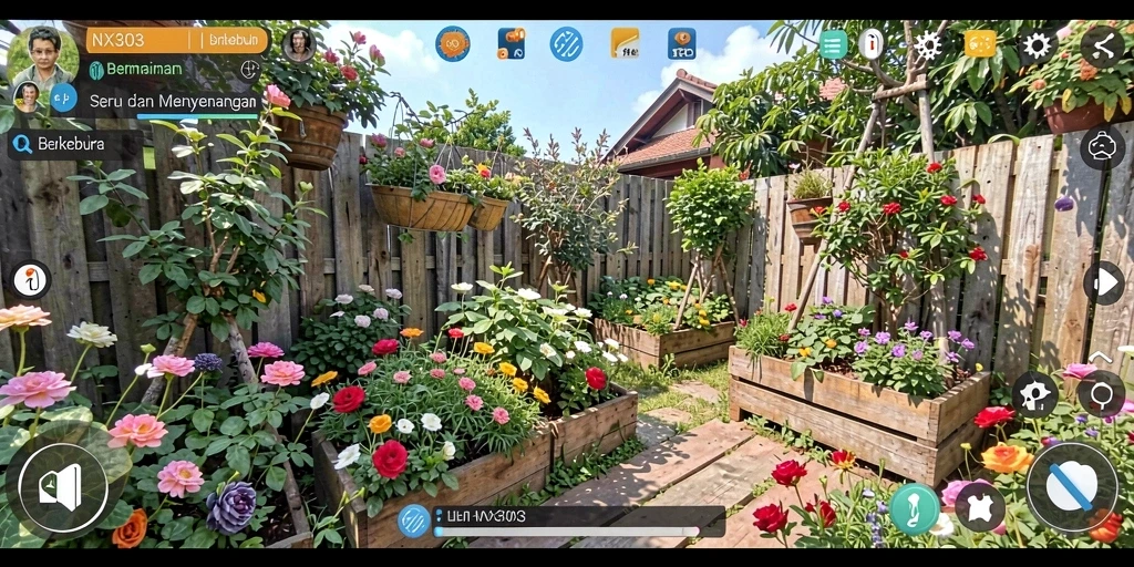 Tangkapan layar gameplay NX303 menampilkan ladang yang subur dan beragam tanaman.