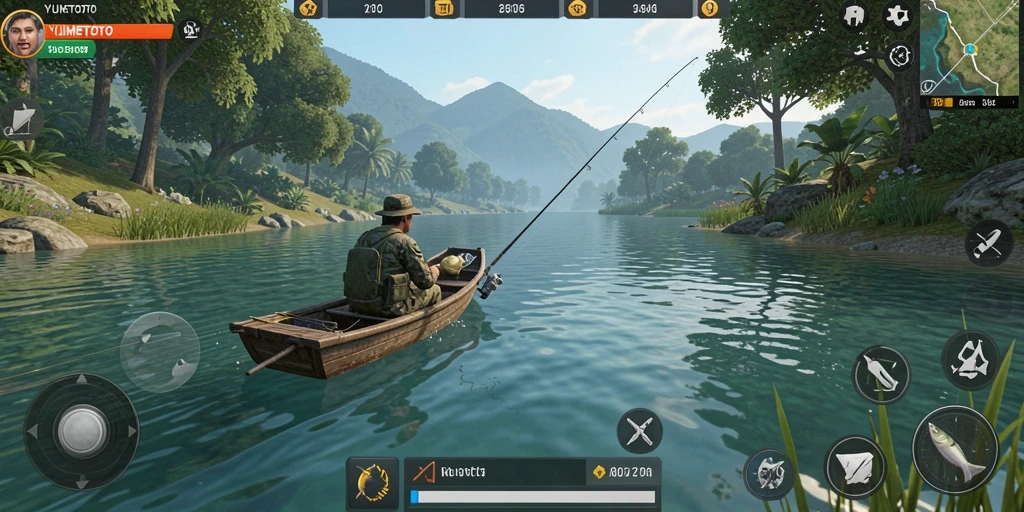 Screenshot gameplay YUMETOTO menunjukkan aksi seru memancing di danau.